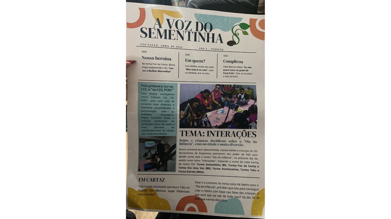 Exemplar do primeiro jornal produzido pelos alunos do Centro de Educação Infantil (CEI) Sementinha da Esperança, intitulado: A Voz do Sementinha, em São Paulo (SP). Foto: Ligiane Escala