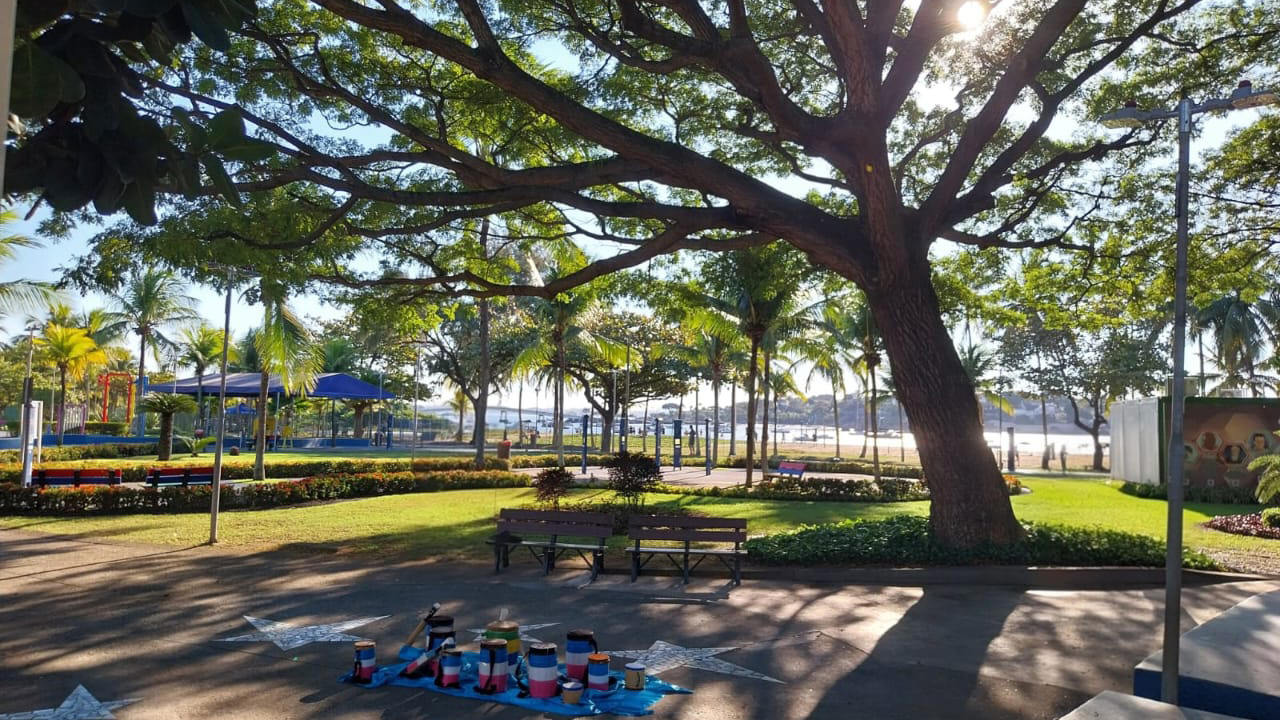 Uma praça arborizada. No centro, sobre o piso pavimentado com estrelas de mosaico, há um tecido azul com vários pequenos tambores pintados com listras coloridas: vermelhas, brancas e azuis. O plano de fundo é preenchido por uma grande árvore de copa larga, com gramados ao redor e bancos de madeira.