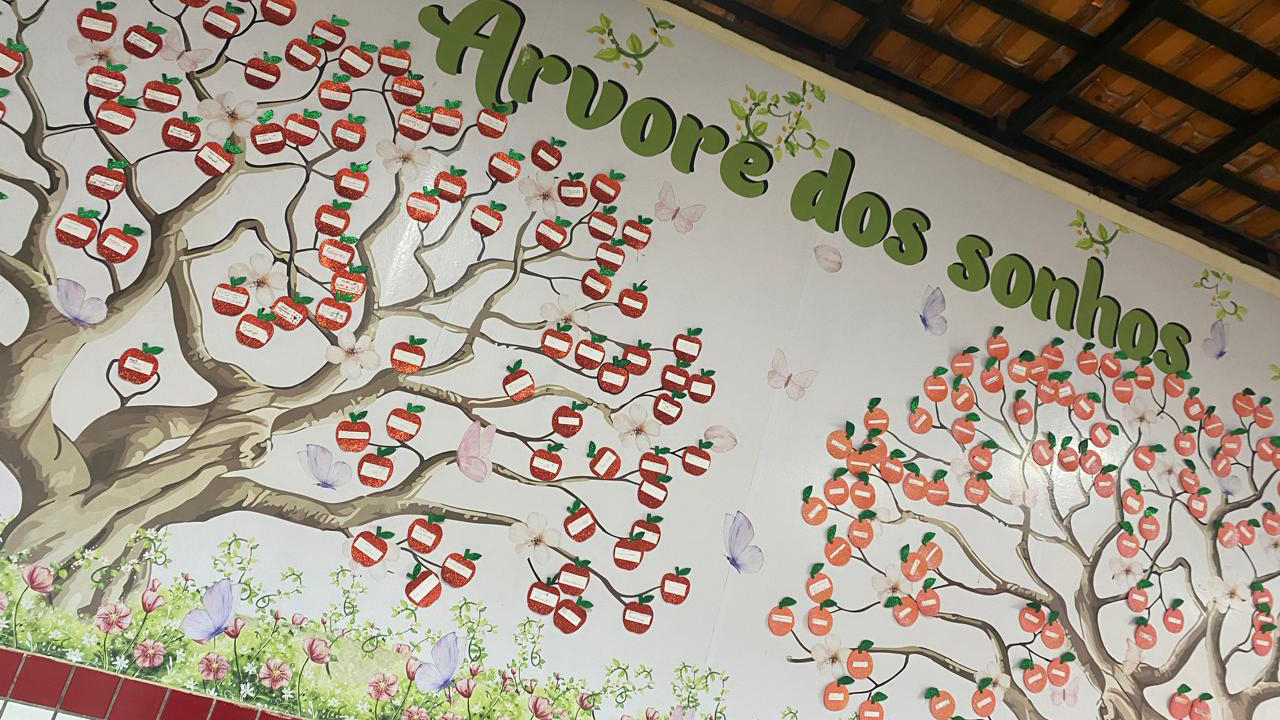 Mural decorativo em uma parede. O destaque é a pintura de uma árvore repleta de maçãs vermelhas e outra com laranjas, com uma tarja de papel branco dentro de cada fruta. Acima das árvores, está o texto “Árvore dos sonhos”. O cenário inclui azulejos azuis, vermelhos e brancos na base e um teto de telhas aparentes.