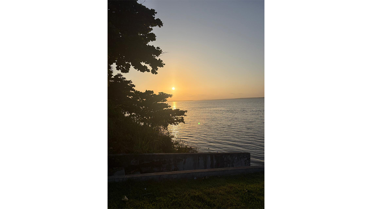 Paisagem com vista para a água durante o entardecer. Destacam-se o sol poente alaranjado na linha do horizonte, seu reflexo na água e a silhueta de árvores à esquerda. Em primeiro plano, observam-se um pequeno muro de concreto e uma faixa de grama na parte inferior.