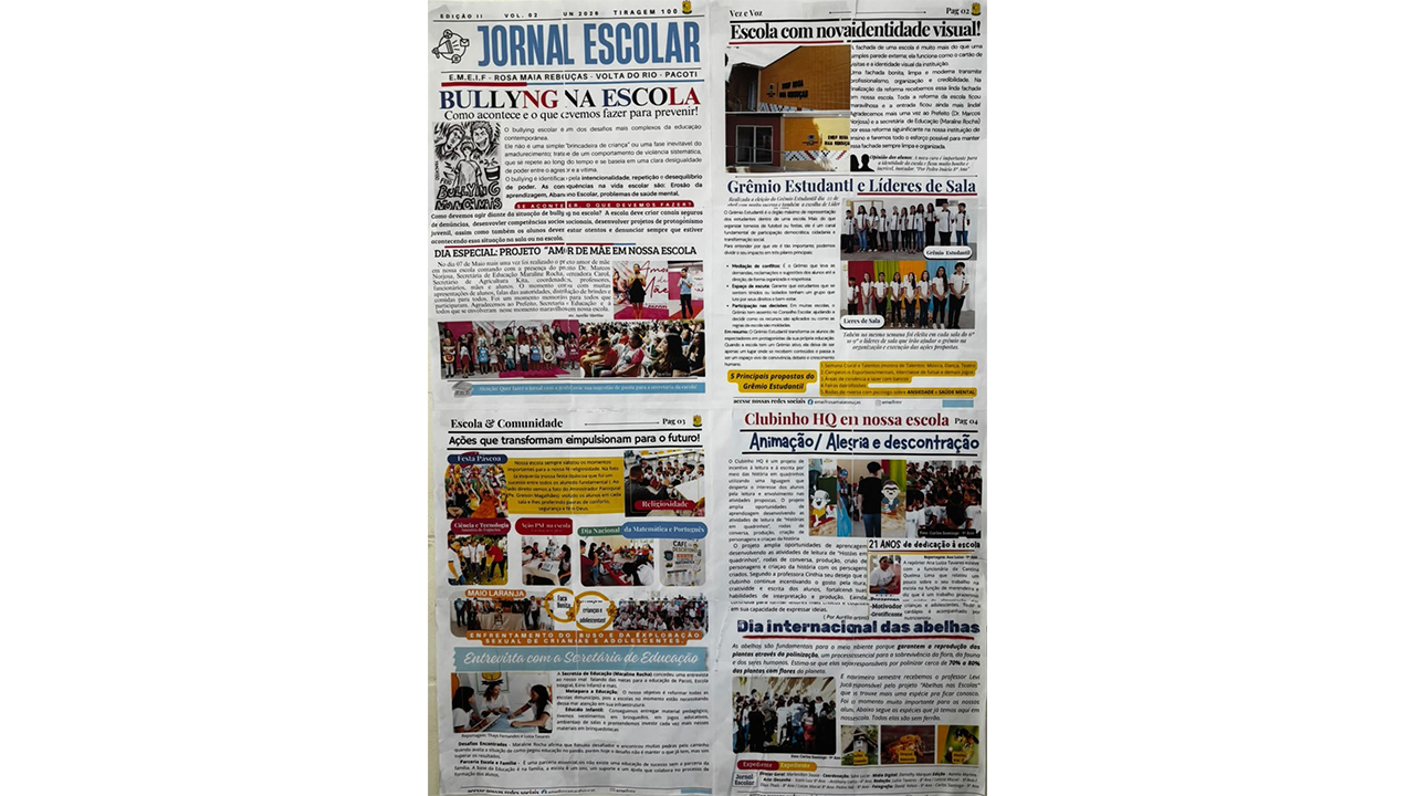 Painel com quatro páginas de um jornal produzido em ambiente escolar. Destacam-se os títulos “Jornal Escolar”, “Bullying na Escola”, “Grêmio Estudantil e Líderes de Sala” e “Clubinho HQ em nossa escola”. As páginas reúnem textos, fotografias e reportagens sobre atividades da escola, com trechos coloridos destacados em vermelho e amarelo.
