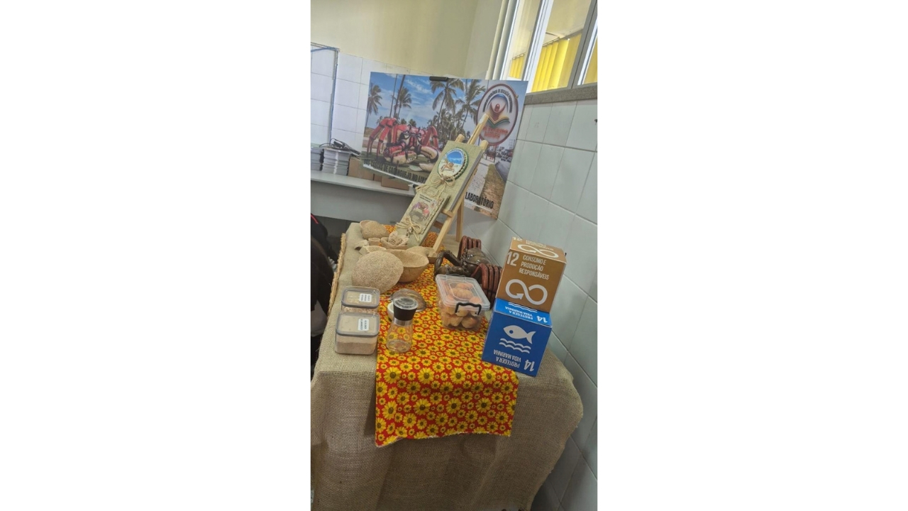 Mesa de exposição coberta com tecido rústico e faixa floral com fundo vermelho e flores amarelas. Sobre ela, há recipientes com alimentos, objetos artesanais e um cavalete com material informativo. À direita, aparecem caixas com os textos “Consumo e Produção Responsáveis” e “Proteger a Vida Marinha”, representando os Objetivos de Desenvolvimento Sustentável (ODS) 12 e 14. Ao fundo, há janelas e paredes amarelas com revestimento de azulejos brancos.