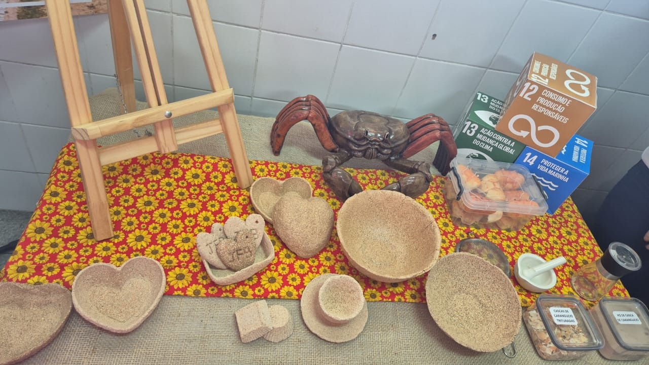 Mesa de exposição coberta com tecido floral vermelho e com girassóis. Sobre ela, há recipientes artesanais, uma escultura de caranguejo e caixas representando os Objetivos de Desenvolvimento Sustentável (ODS), com os textos “12. Consumo e Produção Responsáveis”, “13. Ação Contra a Mudança Global do Clima” e “14. Proteger a Vida Marinha”. Ao fundo, há uma parede revestida com azulejos claros.